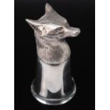 An Elizabeth II cast silver stirrup cup, naturalistically modelled as a fox head, having a flared