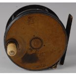 A Hardy "Perfect Reel" 4 1/2" brass faced salmon fly reel, having an ivorine handle and Turks lock