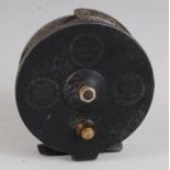 A Hardy The "Goodwin" 4" centre pin reel, having a black painted back plate and foot, with Royal