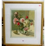 Edwin Byatt - Still life with cabbage roses in a glass vase, lithograph