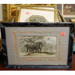 A box of assorted colour and monochrome engravings to include French examples, topographical