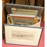 Assorted pictures and prints, to include etching, framed wall mirror etc