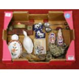 A box of miscellaneous items to include a set of seven enamelled decanter collars for claret,