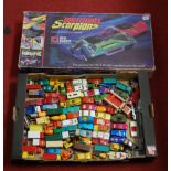 A box of assorted loose and playworn diecast toy vehicles, to include Matchbox series No.17 horse-