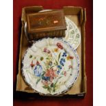 A box of miscellaneous items to include walnut puzzle souvenir box, Wedgwood part dinner service