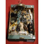 A box of miscellaneous items, to include cut glass bodied and silver plated claret jug, resin figure