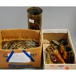 Two boxes of miscellaneous metalware, to include trench art shell case vase, spent ammunition, loose