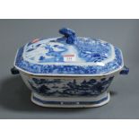A 19th century stoneware blue and white tureen and cover, underglaze decorated with figures and
