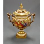 A circa 1960s Royal Worcester pot pourri, the pierced cover with gilt finial, the body with twin
