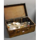An early 20th century pine box containing various scientific instruments