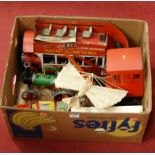 A box containing a quantity of tinplate and wooden toy vehicles and accessories, to include Mamod