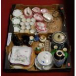 Two boxes of miscellaneous items to include Victorian transfer decorated dolls house china,
