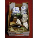 A box of miscellaneous items, to include Royal Doulton Shakespeare seriesware plate, a pair of