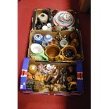 Three boxes of miscellaneous items, to include Chinese blue and white ginger jar (lacking cover),