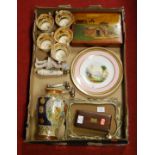 A box of miscellaneous items to include a Victorian cabinet plate hand painted with a castle