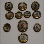 A collection of 19th century Grand Tour type intaglios each painted in gouache on silk?, housed in