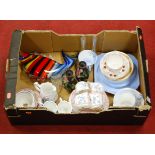 A box of miscellaneous china and glassware, to include Murano style glass fish, Shelley Phlox