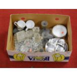A box of miscellaneous china and glassware, to include frosted glass dressing table scent bottle and