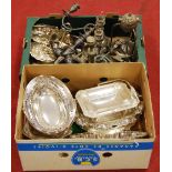 Two boxes of assorted plated wares to include hors d'oeuvre dish, candlesticks, various baskets,