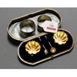 A pair of Victorian silver open salts, with gilt-washed interiors, and fitted case with matching