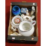 A box of miscellaneous items to include a Studio pottery vase, a Mdina glass stem vase, Isle of