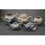 Five various Chinese 18th/19th century bullet shaped teapots, three being blue & white and two