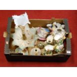 Two boxes of miscellaneous china and glassware, to include Victorian pink tinted glass oil lamp,