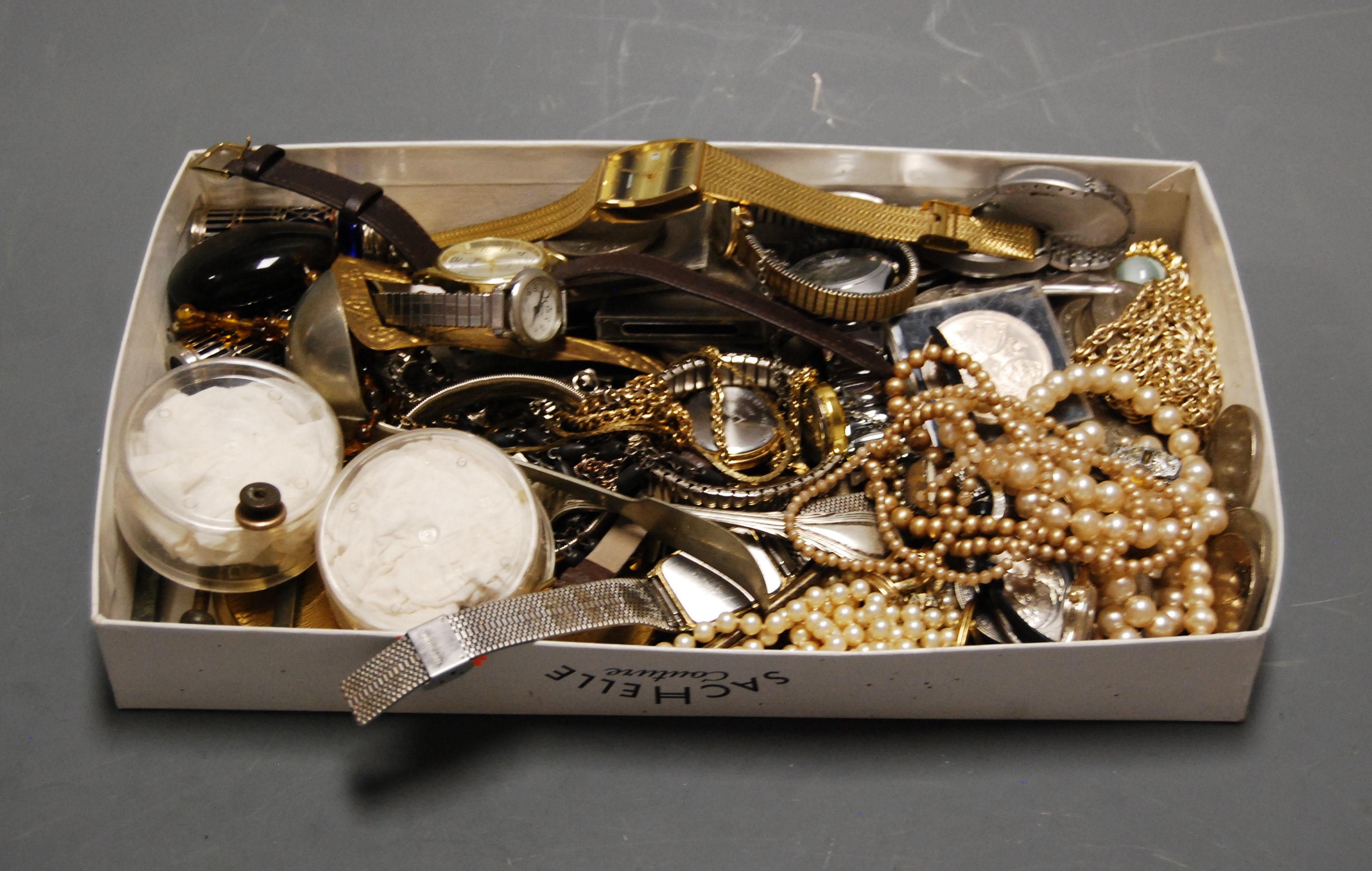 A box of miscellaneous items to include various gents wristwatches, faux pearl choker, commemorative