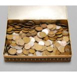 A box of miscellaneous English pre-decimal coinage, to include George IV two shillings, half crowns,