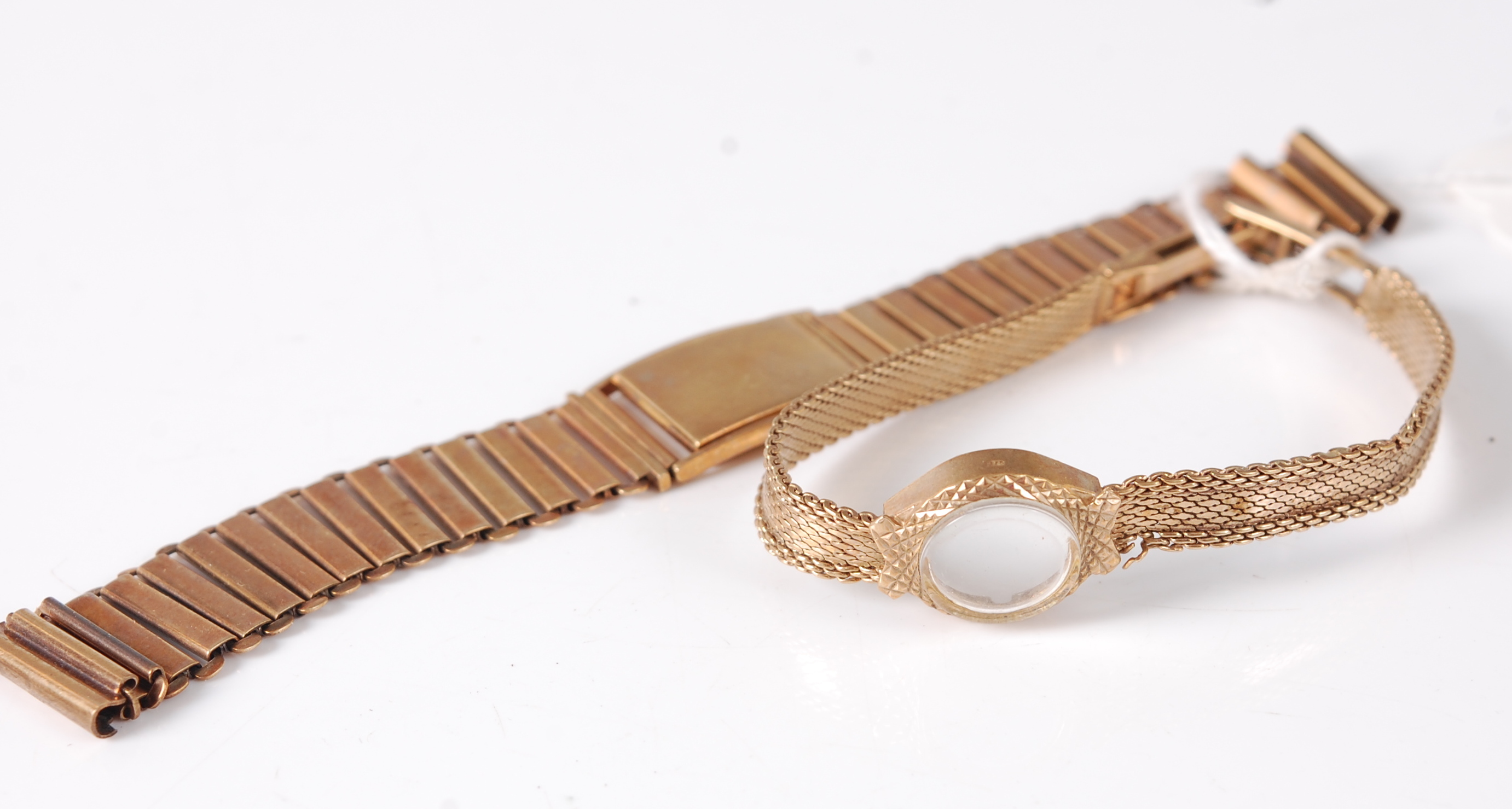 A 9ct gold watch bracelet; together with a 9ct gold meshlink watch bracelet and case (only), gross