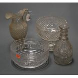 A Victorian hobnail cut clear glass ewer together with two cut glass bowls and decanter (decanter
