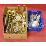 A box of miscellaneous brassware to include candlesticks, trivets, trays etc, together with a box of