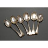 A collection of six 18th century and later silver serving spoons, various dates and makers, gross