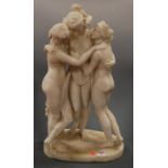 A large Victorian carved alabaster figure group of The Three Graces in standing pose on oval plinth,