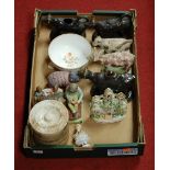 A box of miscellaneous items, to include early 19th century Staffordshire cow creamers, Victorian