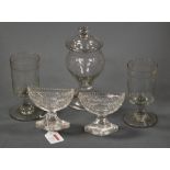 A pair of late Georgian cut glass pedestal table salts of boat shape, height 10cm, together with a