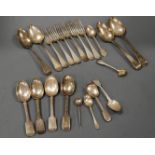 Assorted George III and later silver flatwares to include table spoons, dessert spoons, table forks,