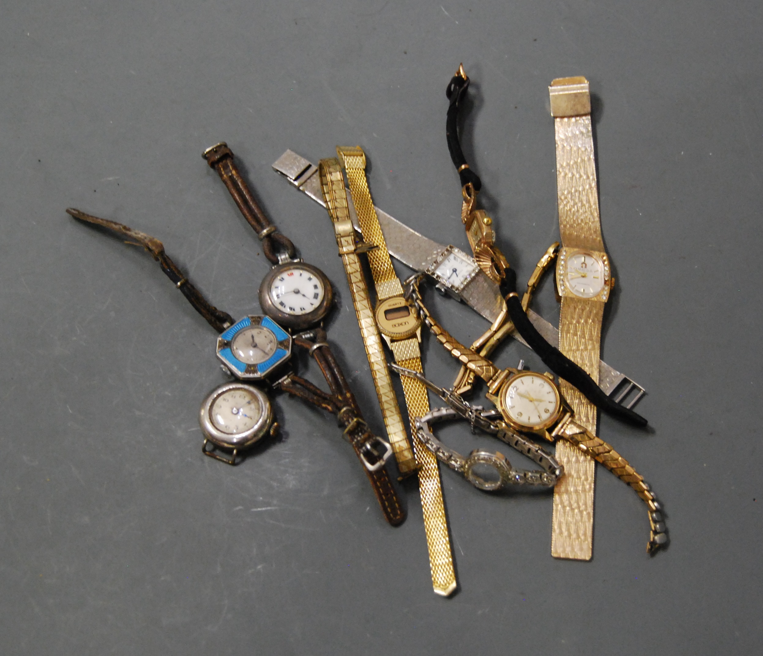 An early 20th century lady's silver cased wristwatch, having an enamelled dial with Roman