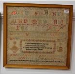 A Victorian alphabet and verse needlework sampler, worked by Elizabeth White of Barnton School, 25th