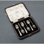 A set of six mid-20th century silver coffee spoons, in fitted leather case, by Mappin & Webb