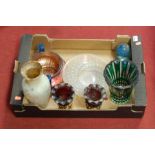 A box of miscellaneous glassware, to include early 20th century Bohemian style green overlaid cut