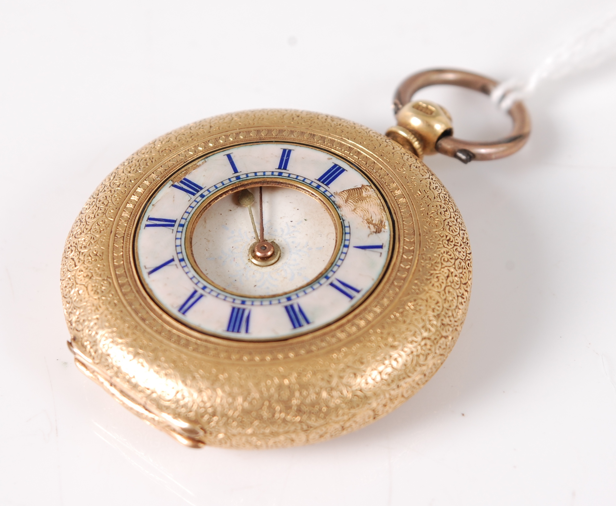 A continental 18ct gold cased half hunter pocket watch, having fine engine turned decoration,