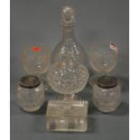 Assorted glassware to include a pair of hobnail cut dressing table jars with plated covers, pair