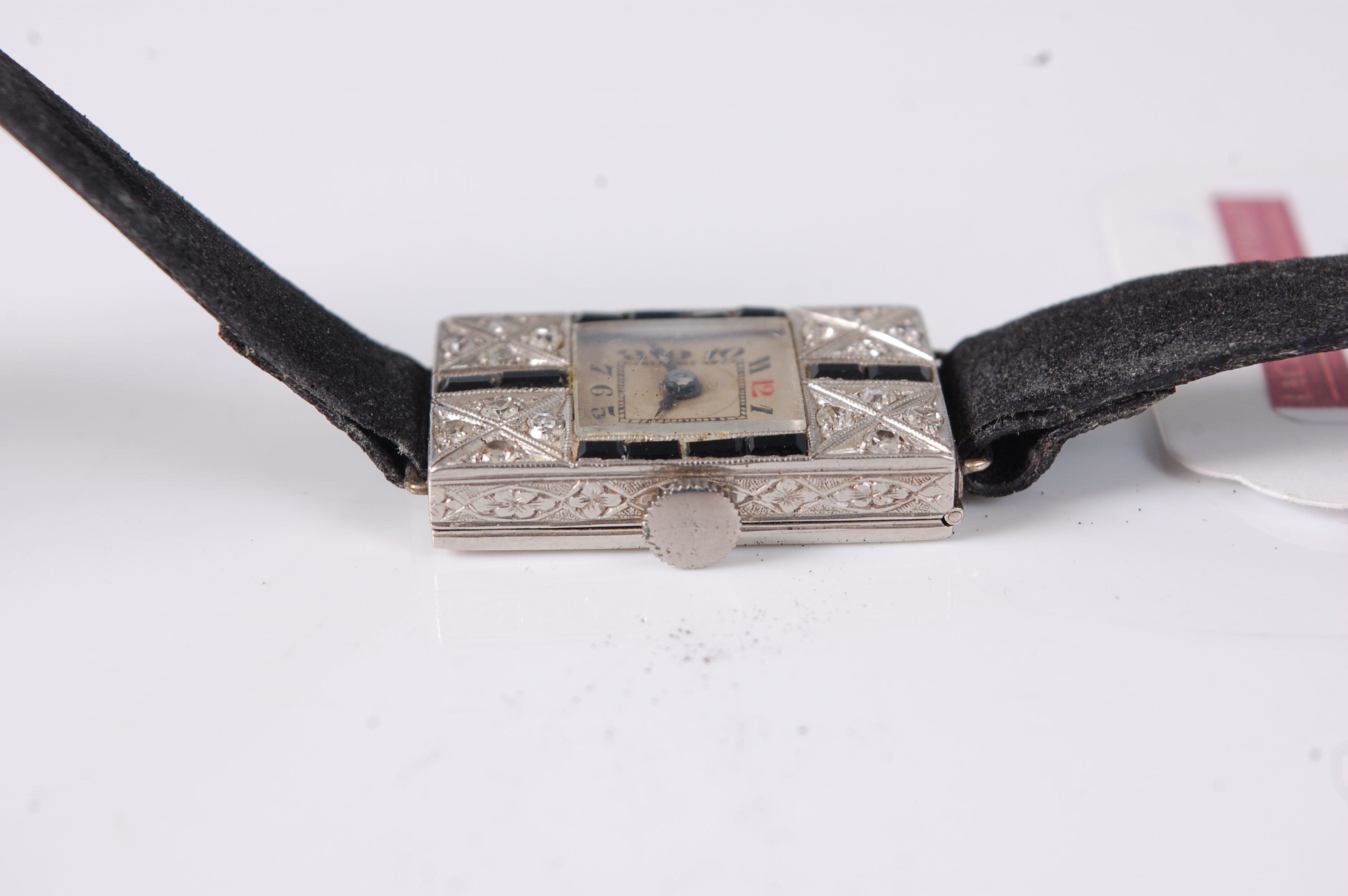 An Art Deco lady's platinum cased, sapphire and diamond set cocktail watch, having mechanical - Image 2 of 3