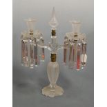 A late Victorian frosted glass twin sconce candelabra, with brass mounts and clear glass prism