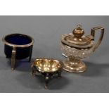 A French silver table salt in the Empire style with blue glass liner, together with French cut glass