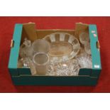 A box of Victorian and later glassware, to include frosted glass celery vase