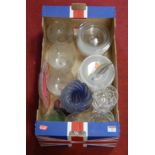 A box of miscellaneous 19th century and later glassware, to include large blue glass cornucopia