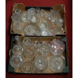Two boxes of miscellaneous 19th century and later glassware, to include decanters and stoppers,