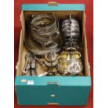 Three boxes of assorted plated and metal wares to include breakfast dish, egg cruet, table centre